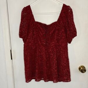 Torrid Size 1 wine lace short sleeve top lace front smocked back